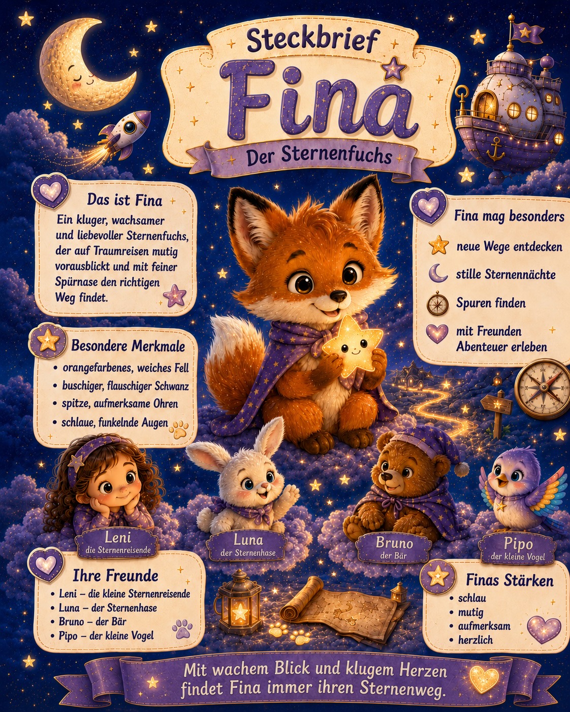 Steckbrief von Fina, dem orangefarbenen Sternenfuchs, mit ihren Freunden in Lenis Traumwelt