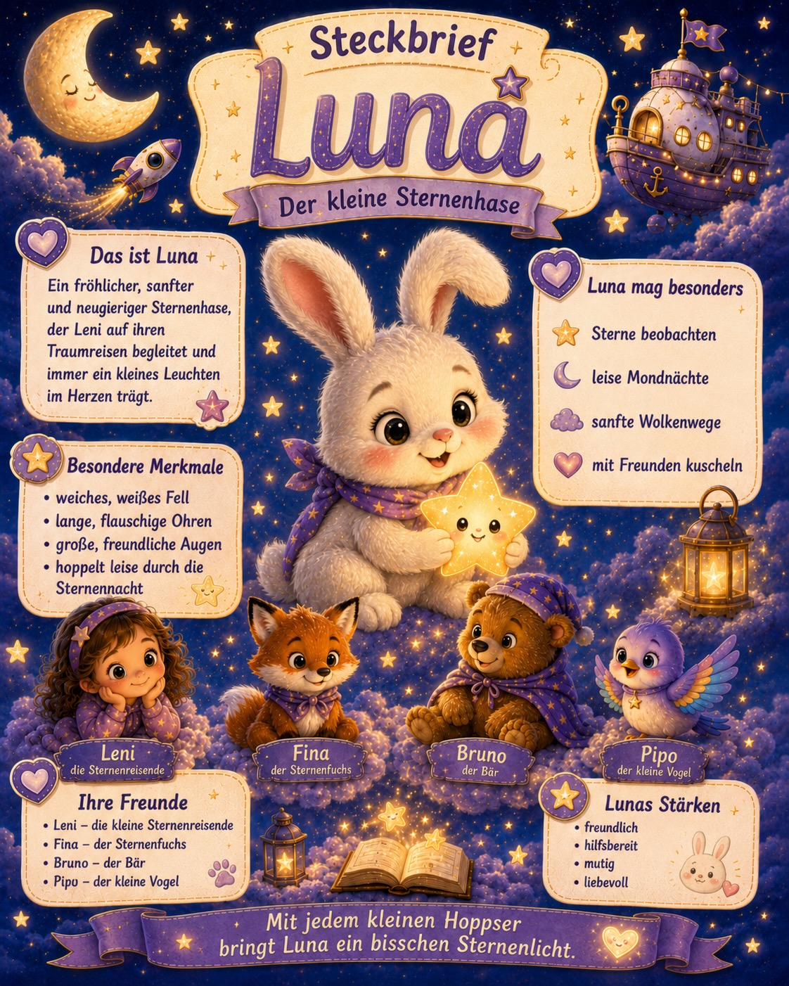 Steckbrief von Luna, dem kleinen weißen Sternenhasen, mit Leni und ihren Freunden im Sternenlicht