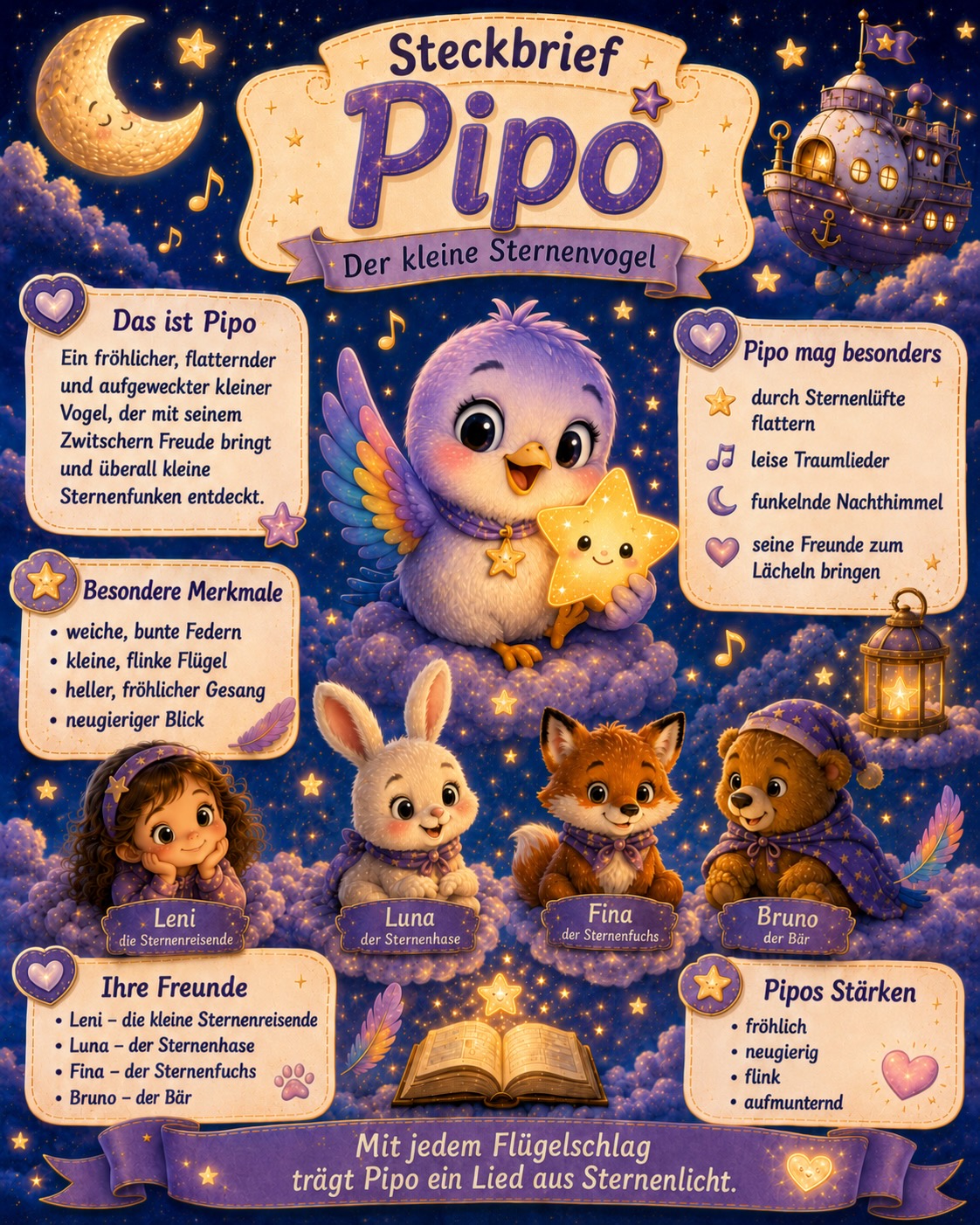 Steckbrief von Pipo, dem kleinen bunten Sternenvogel, mit seinen Freunden auf funkelnden Wolken