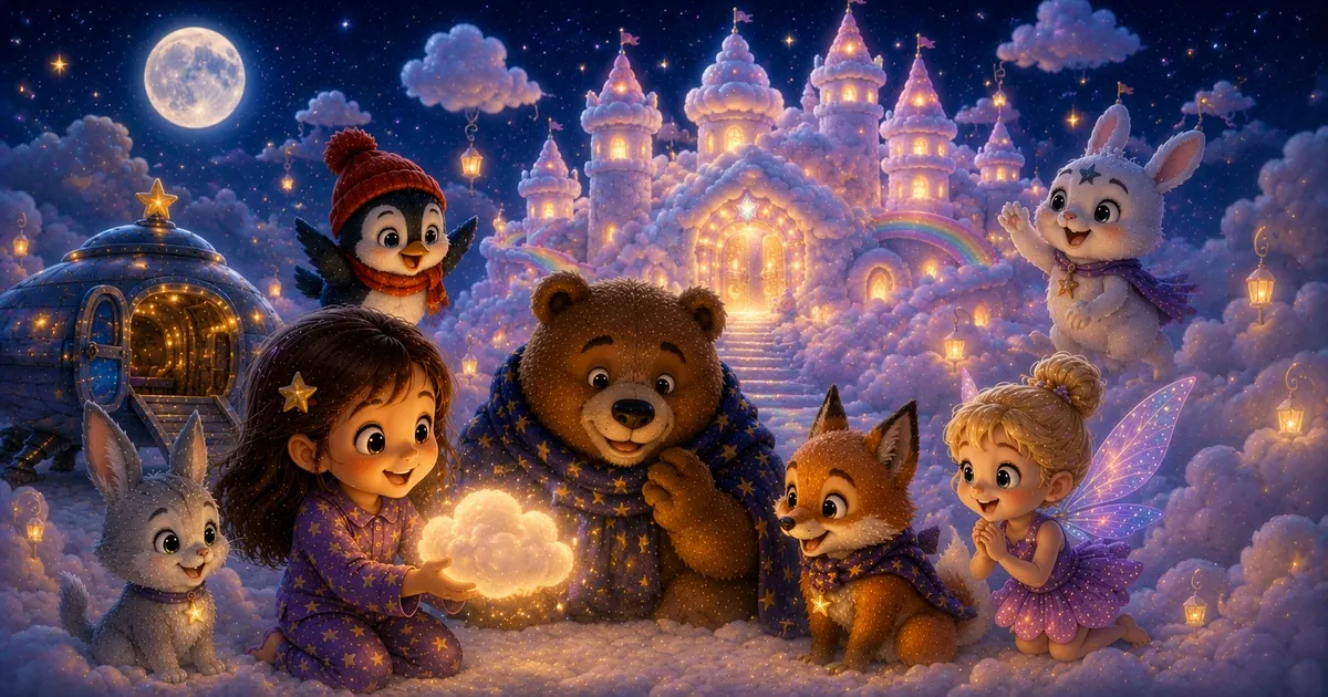 Leni sitzt mit Luna dem Sternenhasen, Pipo dem leuchtenden Vogel, Bruno dem gemütlichen Bären und Fina dem Sternenfuchs in einem leuchtenden Wolkenschloss aus weichen Türmen, Regenbogenbrücken und Sternenlicht; in Lenis Händen schwebt eine kleine warme Wolke, während das Raumschiff draußen vor einem mondhellen Nachthimmel wartet.