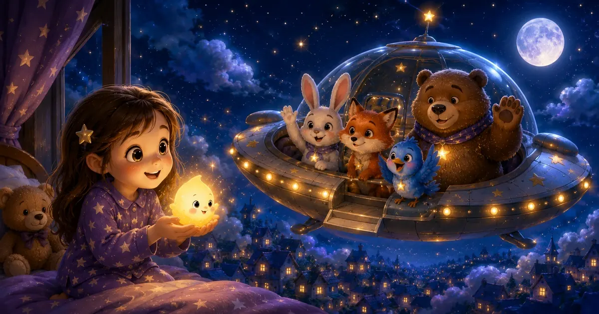 Leni sitzt mit Luna dem Hasen, Fina dem Fuchs, Pipo dem Vogel und Bruno dem Bären im warm leuchtenden Sternenschiff, während das kleine Nachtlicht Lumini durch silberne Wolkentunnel zum Tal der Kinderträume begleitet wird.