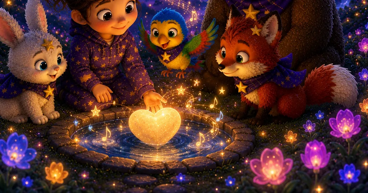 Leni steht mit Luna dem weißen Sternenhasen, Fina dem Sternenfuchs, Pipo, Bruno und der kleinen Maus auf einem wieder bunt leuchtenden Farbenplaneten, während Soli das Lied der Farben singt und Regenbogenfarben zurückkehren.