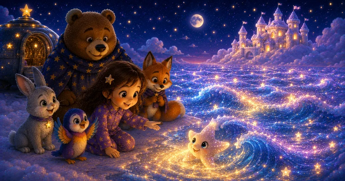Leni sitzt mit Luna dem Sternenhasen, Pipo dem bunten Vogel, Bruno dem großen Bären und Fina dem Sternenfuchs am Ufer eines glitzernden Meeres aus Sternenlicht; sanfte silberblaue Wellen leuchten unter dem Mond, ein kleiner funkelnder Sternfisch lächelt im Wasser und das warme Raumschiff schwebt im Hintergrund.
