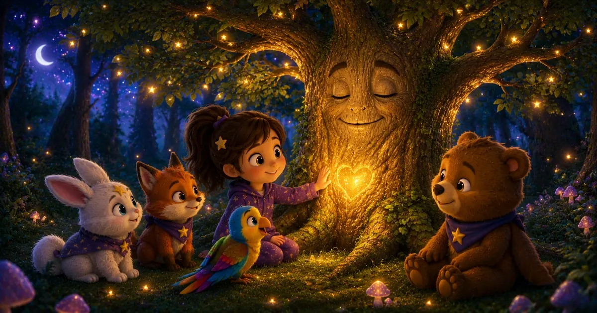 Leni mit Luna dem weißen Sternenhasen, Fina dem kleinen Sternenfuchs, Pipo dem bunten Papagei und Bruno dem freundlichen Bären im leuchtenden Zauberwald unter dem Mond, während der große Herzbaum wieder warm golden glüht.