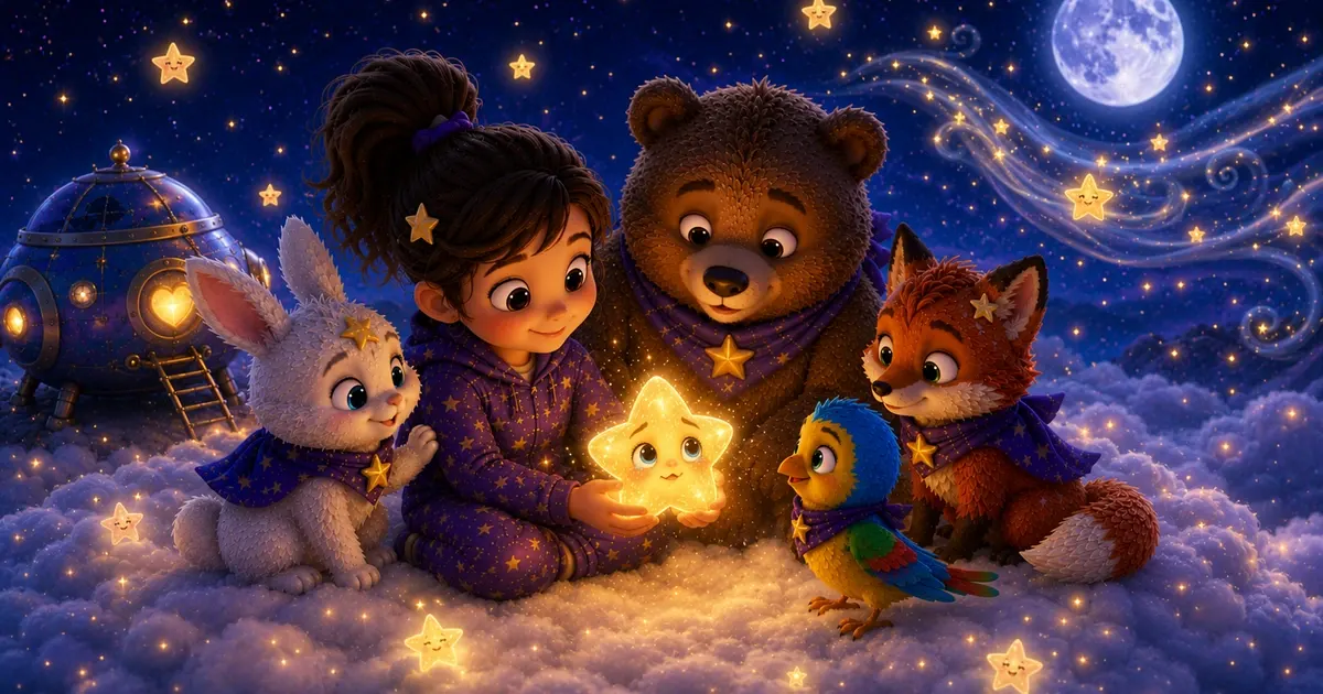 Leni sitzt mit Luna dem weißen Sternenhasen, Fina dem Sternenfuchs, Pipo und Bruno auf einer weichen Sternenwolke im All, während ein warmer Sternenwind um leuchtende kleine Sterne tanzt.
