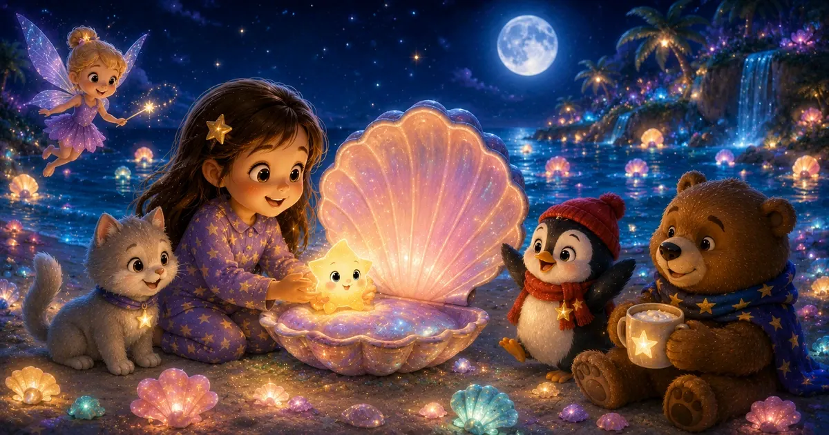 Leni sitzt mit Luna, Fina, Pipo und Bruno auf einer magisch leuchtenden Muschelinsel im Sternenmeer, während eine große Herzmuschel golden, rosa und türkis strahlt und kleine Meerestiere friedlich einschlafen.