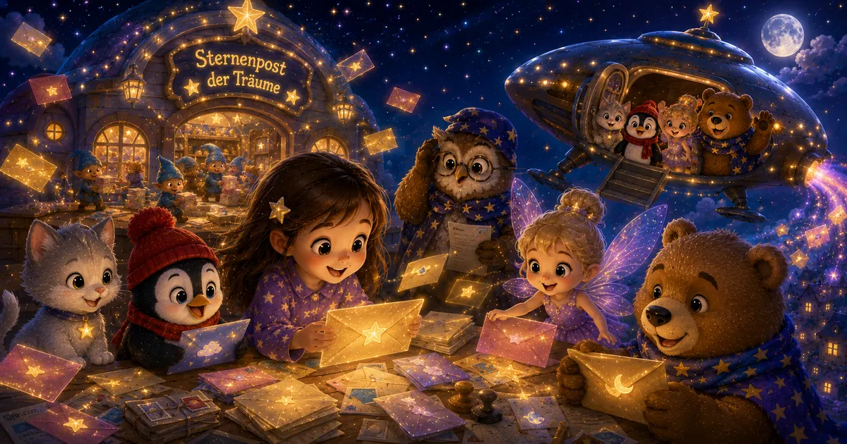 Ein warmes, magisches Nachtmotiv: Leni im Sternenschiff mit Luna, Fina, Pipo und Bruno vor einem goldenen Posthaus aus Sternenlicht, während glitzernde Traumbriefe, Traumfunken und ein kleiner Sternenjunge mit einem silbernen Sternendrachen-Brief durch den Himmel schweben.