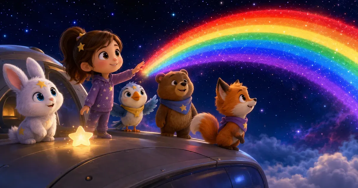 Leni sitzt mit Luna, Fina, Pipo und Bruno im funkelnden Nachtwald vor einem großen Sternenregenbogen, dessen Farben magisch zurückkehren.