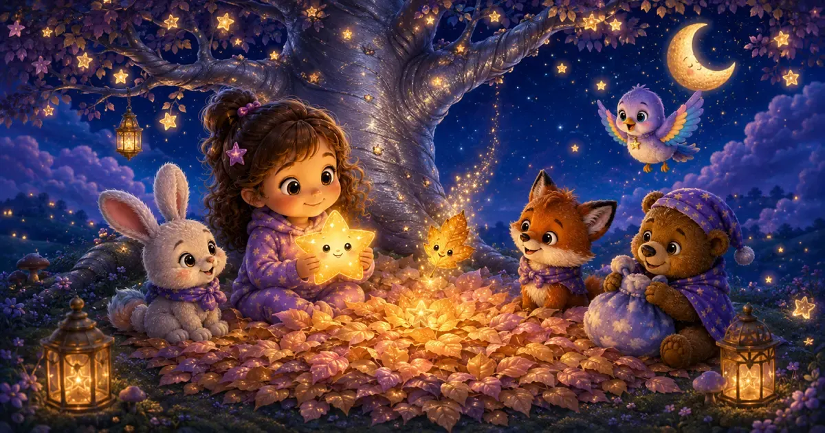 Leni sitzt mit Luna, Fina, Bruno und Pipo unter einem leuchtenden Sternenbaum, während ein kleines goldenes Blatt sanft in ein weiches Blätterbett schwebt.