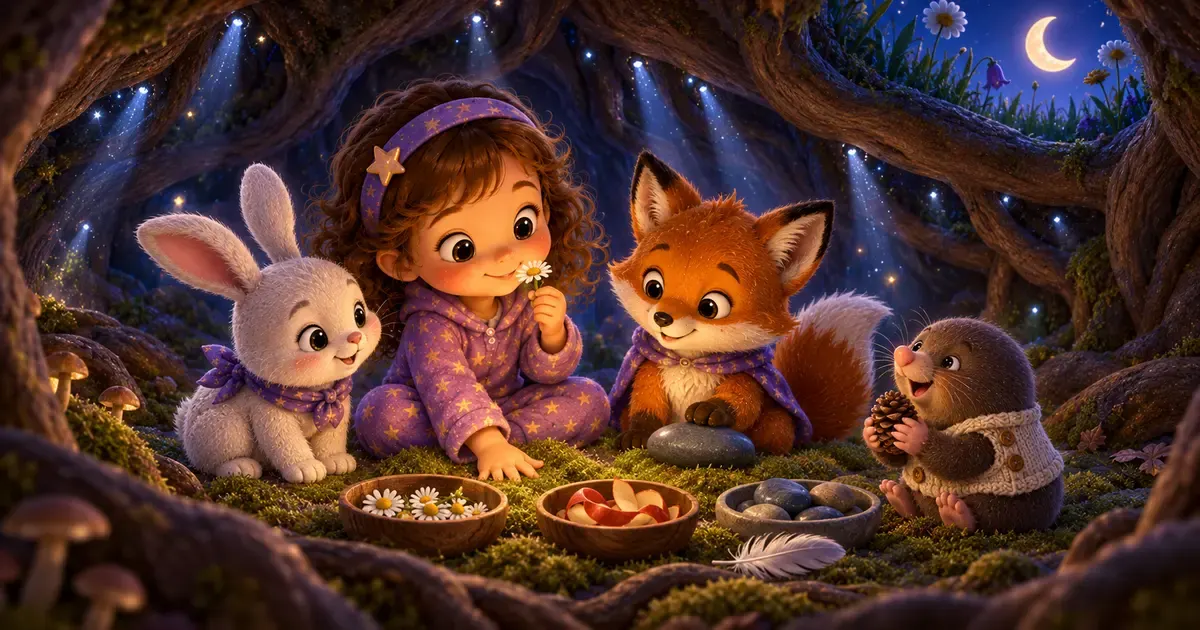 Leni, Luna, Fina und Maulwurf Momo sitzen in einem gemütlichen Wurzelhaus unter der Abendwiese und entdecken im sanften Mondschein Moos, Blüten und kleine Erdfenster.
