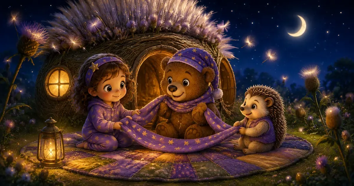 Leni, Bruno und der kleine Igel Nilo sitzen bei warmem Laternenlicht vor einem runden Distelhaus und zeigen sich freundliche Gutenachtzeichen.