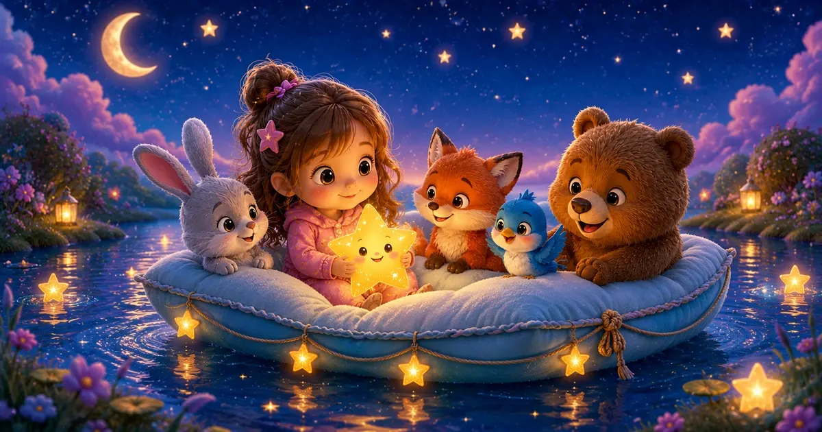 Leni sitzt mit ihrem leuchtenden Traumstern, Luna, Fina, Pipo und Bruno in einem weichen Kissenboot auf einem funkelnden Sternensee.