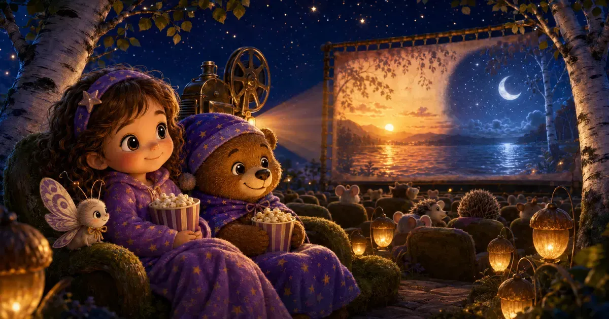 Leni und Bruno sitzen mit dem kleinen Nachtfalter Flori in einem gemütlichen Freiluftkino unter Sternen, während auf der Leinwand ein goldener Sonnenuntergang langsam in Mondlicht übergeht.