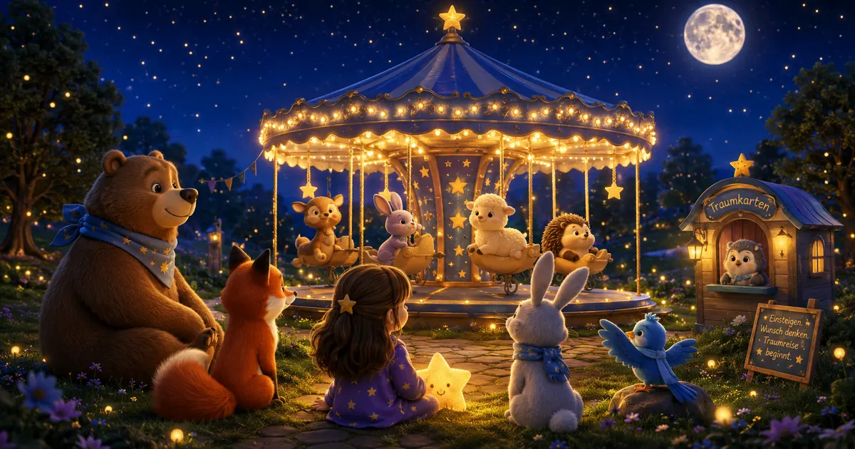 Leni steht mit Luna, Fina, Pipo und Bruno auf einer funkelnden Nachtwiese vor einem leuchtenden Traumkarussell mit schlafenden Traumtieren unter einem sternenklaren Himmel.