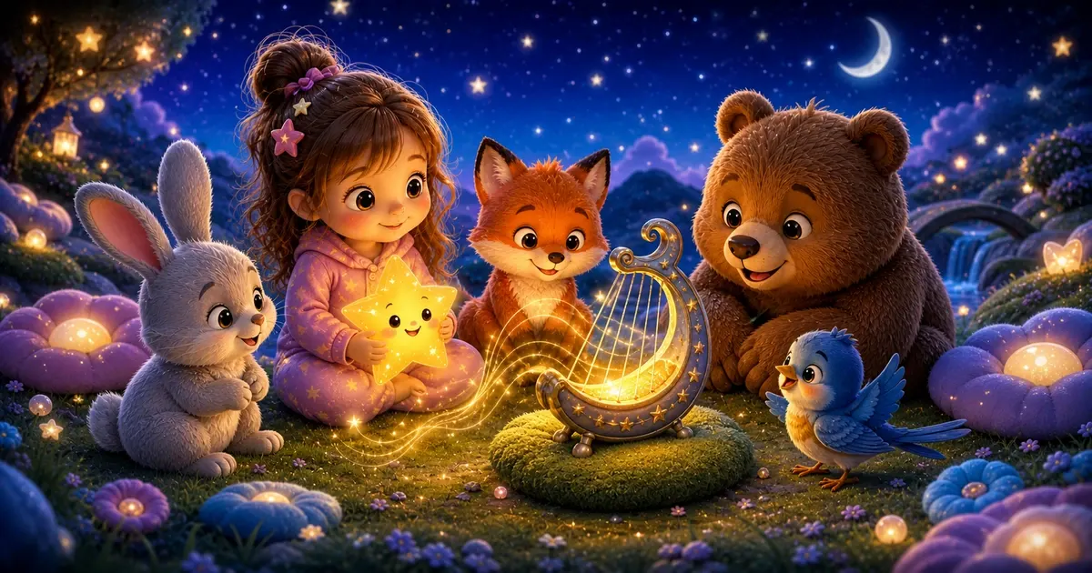 Leni sitzt mit ihrem leuchtenden Traumstern, Luna, Fina, Pipo und Bruno im Traumtal vor einem kleinen goldenen Nachtinstrument.