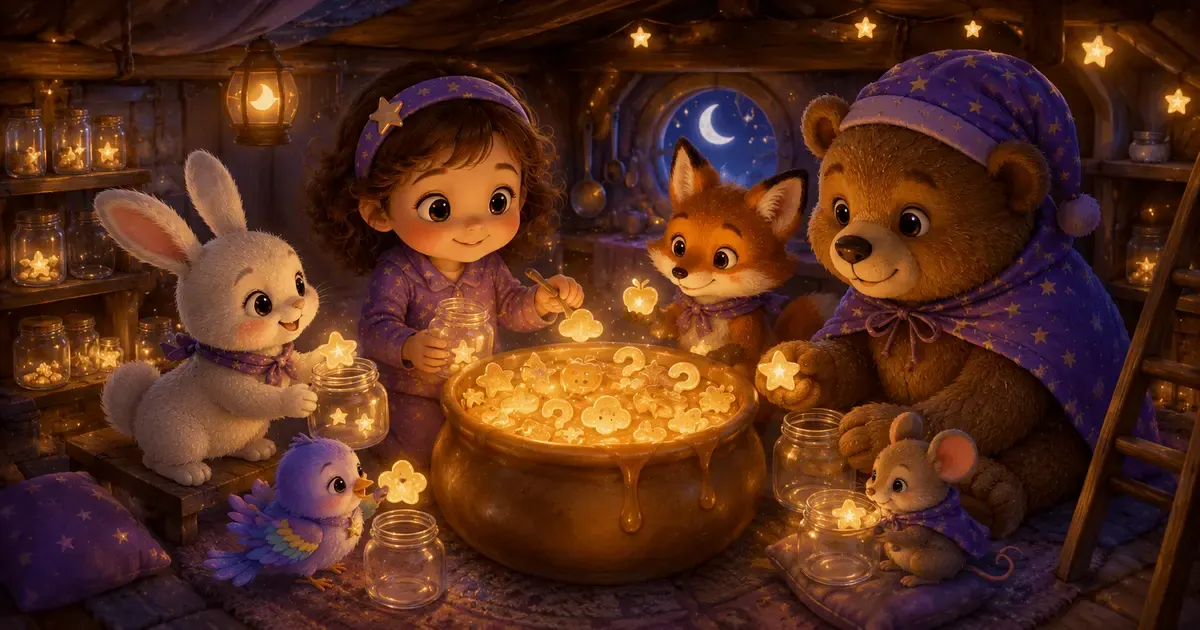 Leni sitzt mit Luna dem weissen Sternenhasen, Fina dem Sternenfuchs, Pipo, Bruno und der kleinen Maus in einer warm leuchtenden Traumkueche vor einem goldenen Honigtopf voller kleiner schimmernder Gedanken.