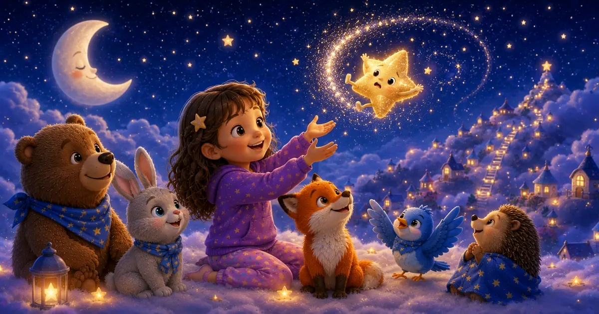 Leni sitzt mit Luna, Fina, Pipo und Bruno auf einer weichen Wolkenwiese unter einem funkelnden Nachthimmel und hilft einem kleinen lächelnden Stern, seinen Platz zwischen den Sternbildern zu finden.