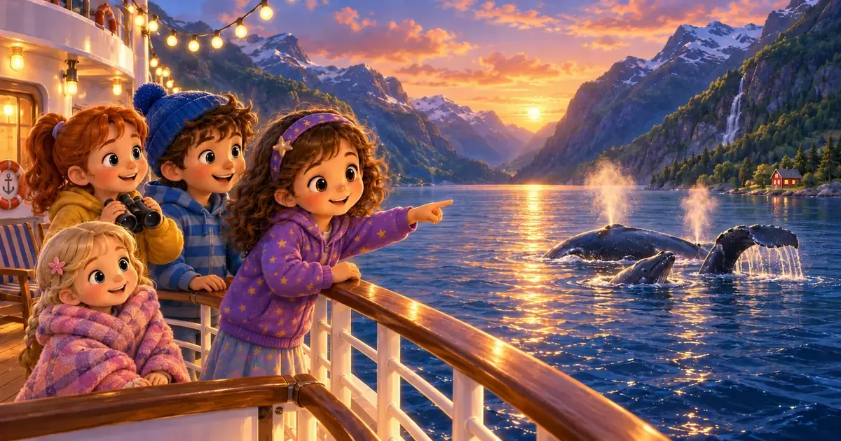 Leni steht mit Oskar, Ellen und Thea in warmen Jacken am Deck des Weltreiseschiffs, während in einem stillen Fjord eine Walmutter mit ihrem Kalb im goldenen Abendlicht auftaucht.